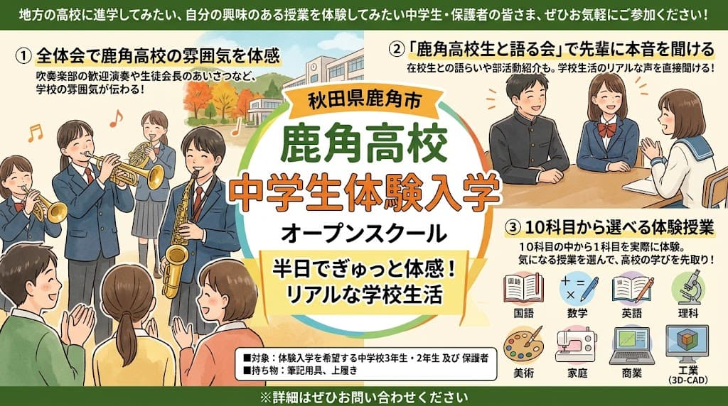 \思ったより近い!新幹線で行ける秋田・鹿角の高校/【8月18日(火)開催】鹿角高校 中学生体験入学〜学校紹介&体験授業で鹿角の高校生活を体感〜